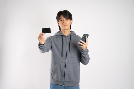 Portrait of asian man wearing hoodie posing on white background photo