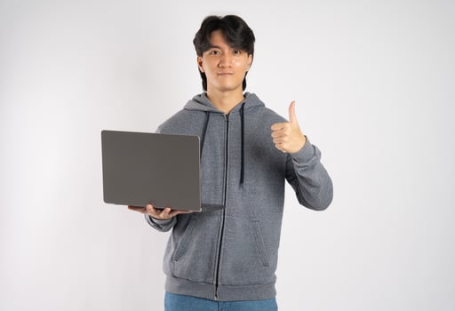 Portrait of asian man wearing hoodie posing on white background photo