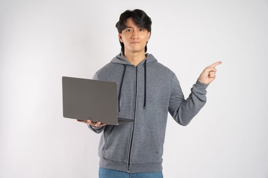 Portrait of asian man wearing hoodie posing on white background photo