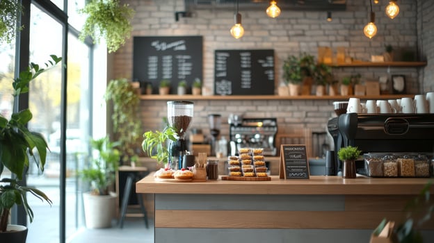 Cozy coffee shop interior with espresso machines, fresh pastries on display, and some green plants. Small local business concept banner photo