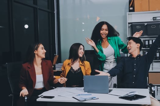 Motivated funny diverse business team people dancing celebrating success at corporate party on friday, happy friendly multiracial coworkers group having fun together enjoy victory dance in office photo