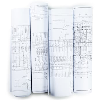 construction plans in rolls isolated on white photo