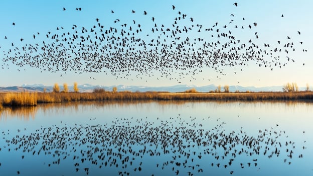 Birds migrating over a wetland area, with reflections of the flock in the still water below photo