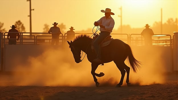 A Cowboy Riding a Bucking Horse at a Dusty Rodeo Arena During Sunset photo