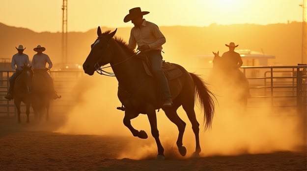 A Cowboy Riding a Bucking Horse at a Dusty Rodeo Arena During Sunset photo