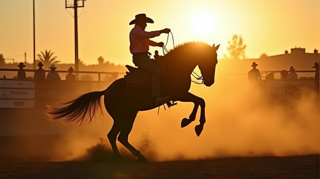 A Cowboy Riding a Bucking Horse at a Dusty Rodeo Arena During Sunset photo