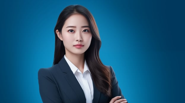 Confident asian businesswoman with arms crossed portrait image. Poised japanese business woman gazing forward photography studio shot. Empowerment professionalism concept photo realistic