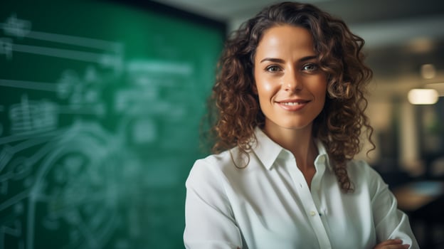 Smiling businesswoman in front of green chalkboard image copy space. Beautiful woman professor blackboard banner background blurred. Female empowerment concept photography copyspace photo