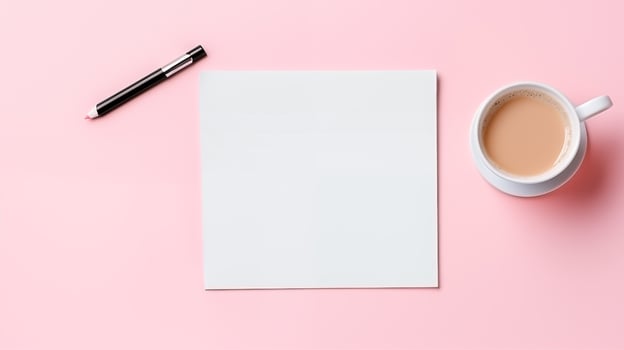 Minimalist flat lay workspace with coffee and pen on pink background. Blank sheet of paper template advertising image. Work inspiration, office supplies mock up product photorealistic photo