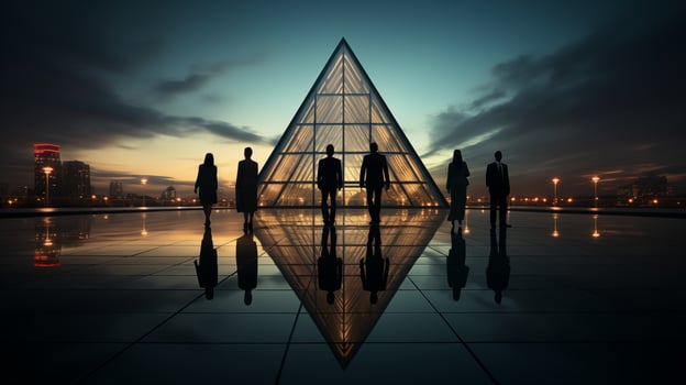 Business professionals silhouetted against glowing pyramid structure at sunset image. Dramatic city skyline businesspeople photography scene. Ambition unity concept photorealistic photo