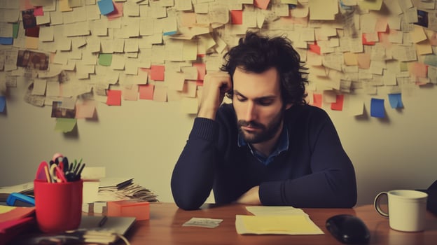 Thoughtful man with wall of sticky notes image. Office worker with pensive expression sits at desk photography scene wallpaper. Work stress. Project planning concept photorealistic photo