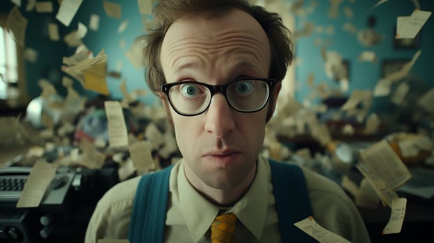 Stressed accountant surrounded by paperwork image. Wide-eyed, frazzled auditor wearing glasses tie overwhelmed photography scene. Chaotic office. Tax season concept photorealistic photo