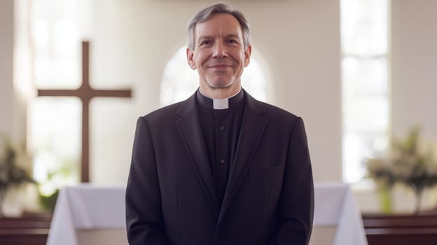 Protestant Minister Standing in Front of Altar with Cross, Religious Setting, Spiritual Guidance and Faith Community photo