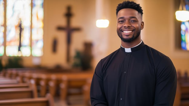 Young Afro American Male Priest Standing Confidently in Church Interior, Ideal for Religious Publications and Spiritual Projects photo
