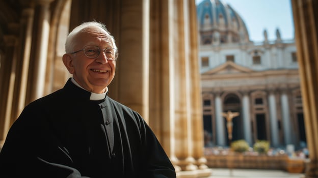 Elderly Italian Catholic Priest with White Hair and Glasses at Vatican City for Religious Worship and Photography photo