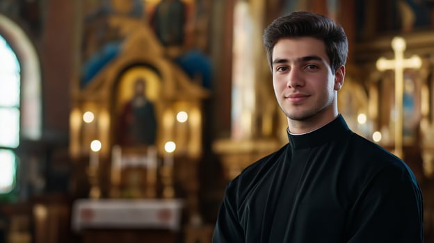 Confident Young Male Greek Orthodox Priest in Traditional Black Robe Inside Ornate Church, Religious Devotion and Faith Portrayal photo
