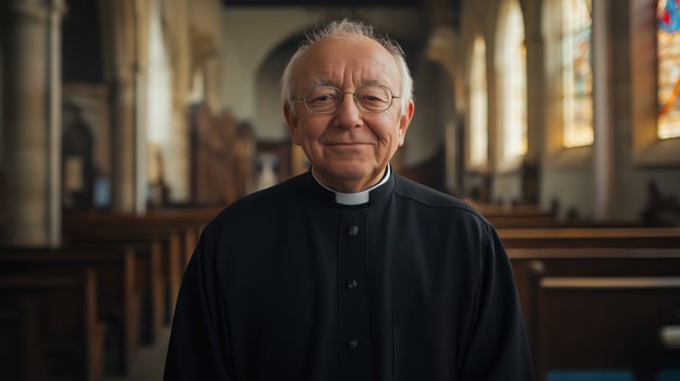 Elderly Anglican Clergyman in Traditional Vestments Standing Inside a Church photo