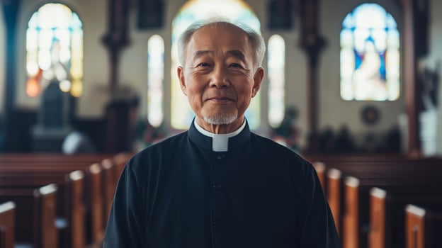 Elderly Chinese Protestant Clergyman in Traditional Attire Inside a Church with Stained Glass Windows Ideal for Religious and Cultural Concepts photo