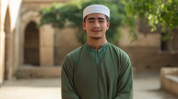 Young Male Bektashi Cleric in Traditional Religious Attire, Standing Outdoors by Historical Building photo