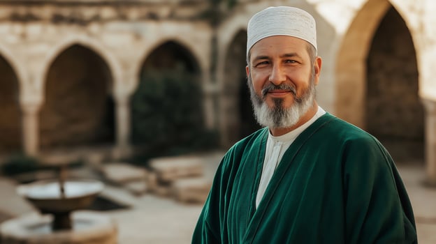 Bektashi Cleric in Traditional Attire Standing in Historic Courtyard, Middle Eastern Heritage, Cultural Reverence, Traditional Religion photo