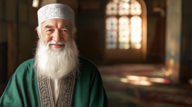 Elderly Bektashi Cleric with Long White Beard in Traditional Attire inside Historical Mosque photo
