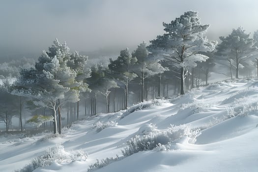 Winter Wonderland with Snow-Covered Pine Trees in a Serene Landscape Perfect for Holiday Cards and Seasonal Decor photo