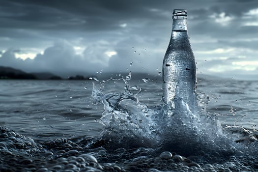 Dramatic Splashing Water Bottle in Ocean with Stormy Sky - Concept for Advertising and Environmental Awareness photo