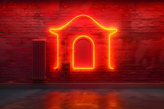 Neon Church Sign on Brick Wall - Urban Nighttime Art for Poster, Design, or Print photo
