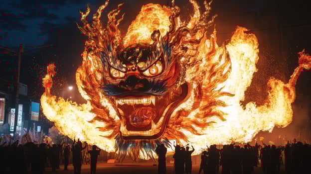 Vibrant dragon celebration with flames illuminating the night during a traditional festival in an energetic cityscape photo