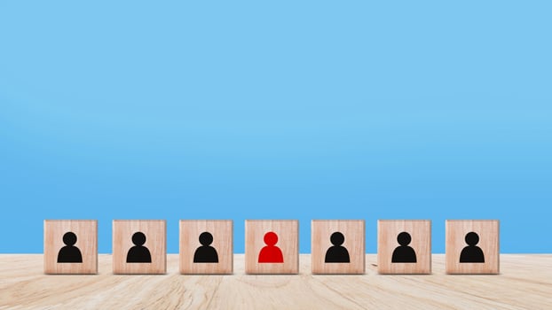 Human resources management and business hire recruitment concept, Corporate hierarchy, recruiter to complete team by leader person, professional staff search, icon on wooden cube. photo