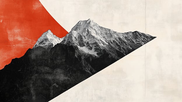 A striking blend of modern design featuring a mountain landscape with a bold red sun against a minimalistic background photo