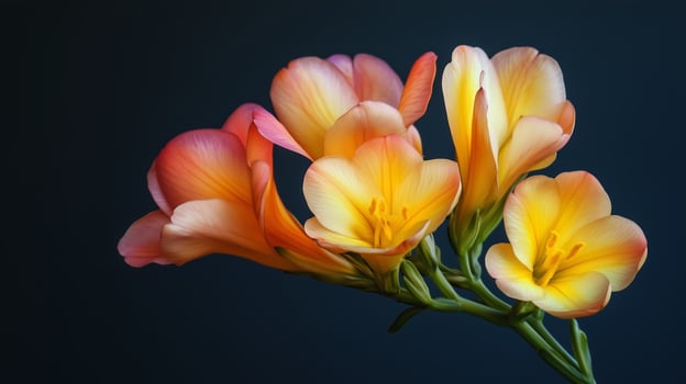 Colorful freesia flowers in bloom against a dark background, showcasing their vibrant petals and delicate shape photo
