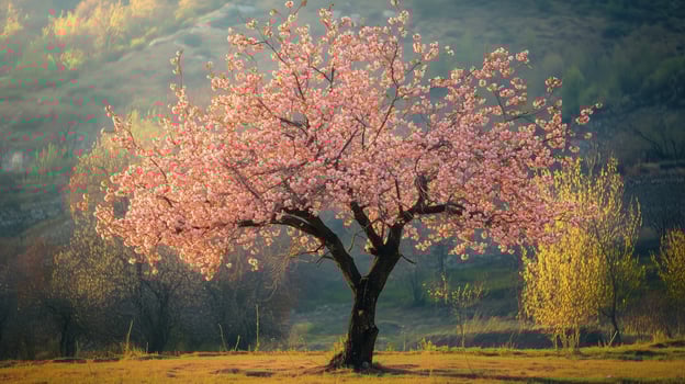 A blooming cherry blossom tree stands alone in a serene landscape during early spring, surrounded by vibrant greenery photo