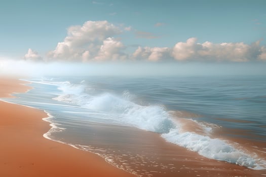 Tranquil Beach Scene with Gentle Waves and Fluffy Clouds - Perfect for Wall Art, Posters, and Holiday Postcards photo