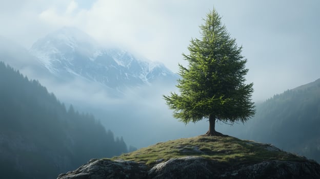 A solitary green tree stands on a rocky outcrop surrounded by misty mountains in early morning light photo