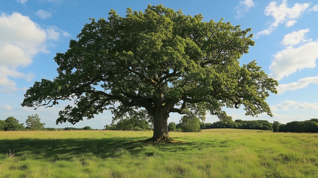 A majestic oak tree stands alone in a lush green field under a bright blue sky during a sunny day in the countryside photo