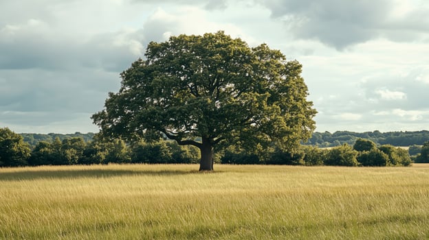 A solitary tree stands gracefully in a vast grassy field under a cloudy sky during late afternoon photo