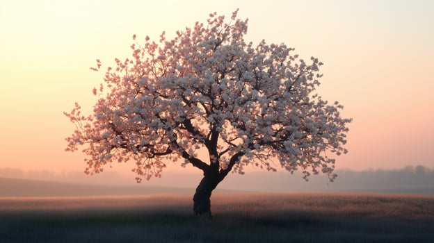 A blooming cherry blossom tree stands alone in a serene field during the early morning light of spring photo