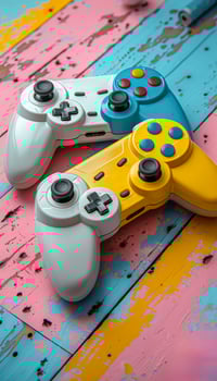 Two game controllers, one white and one yellow, are sitting on a wooden surface. The controllers are placed next to each other, with the white one on the left and the yellow one on the right photo
