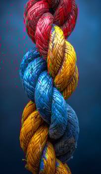 A rope with three different colored strands. The colors are blue, yellow, and red. The rope is twisted and knotted photo
