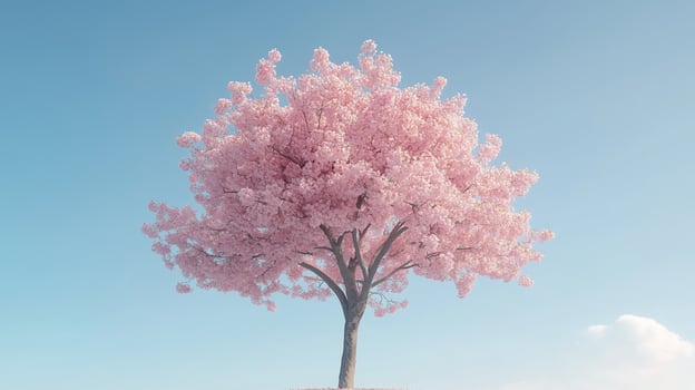 A solitary cherry blossom tree stands gracefully against a clear blue sky on a tranquil spring day photo