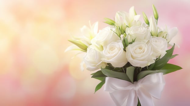 Delicate white roses and lilies are artistically arranged and tied with a silk ribbon, set against a serene pastel backdrop. photo
