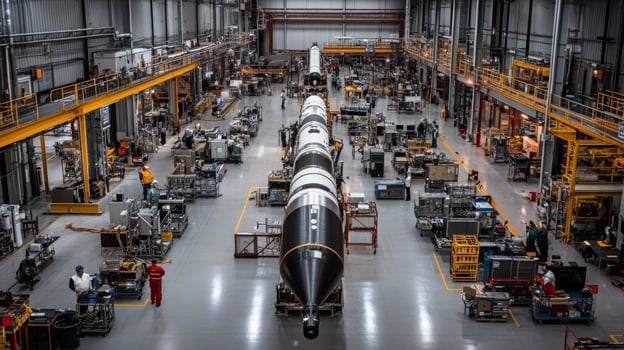Technicians work on a large rocket in a busy manufacturing facility filled with equipment and machinery. The spacious area is organized, showcasing various stages of the assembly process. photo