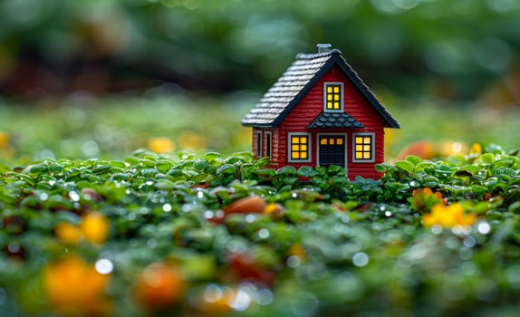 A small red house is sitting in a field of grass. The house is surrounded by a lush green field and has a bright yellow flower in front of it. The scene is peaceful and serene photo
