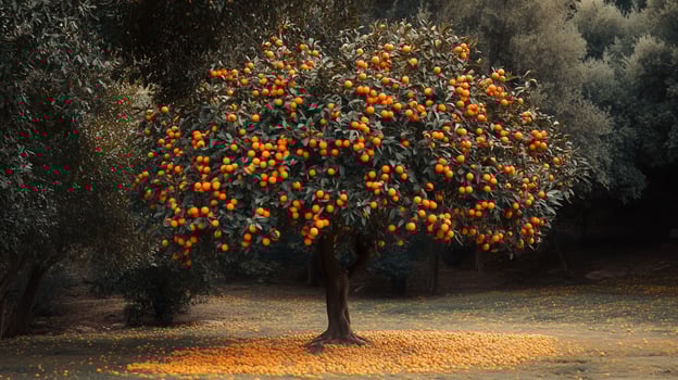 A vibrant orange tree laden with fruit in a tranquil orchard during the afternoon light, surrounded by lush greenery and soft shadows photo