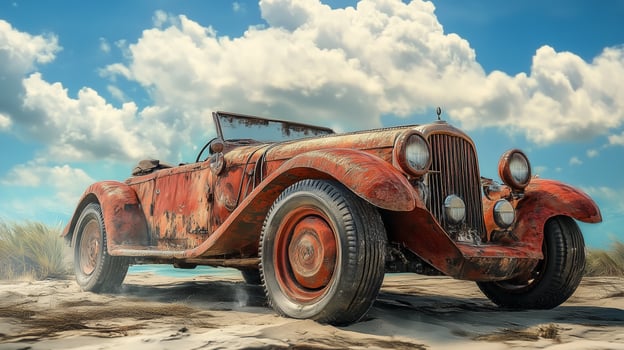 Rusty vintage car parked on a sandy beach under a clear blue sky with fluffy clouds in late afternoon light photo