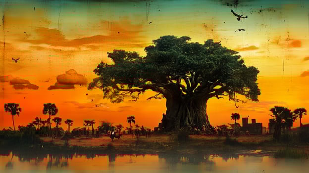 Majestic baobab tree silhouetted against a vibrant sunset in a serene tropical landscape with birds soaring in the sky photo