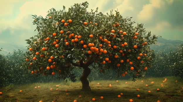 A vibrant orange tree stands in a lush orchard with ripe fruit scattered on the ground during golden hour photo