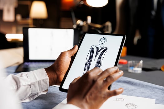 Couturer meticulously analyzing drawn sketch designs on tablet of exquisite dress comissioned by woman. Dressmaker checking last finishing details of upcoming sartorial custom handmade attire photo