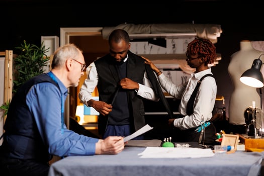 Stylish gentleman trying on custom made suit before needed adjustments are being made by professional suitmakers. Expert tailors working on comissioned bespoke attire for client photo